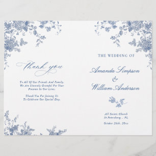Victorian Blue Blommigt Bröllop Ceremony-programme