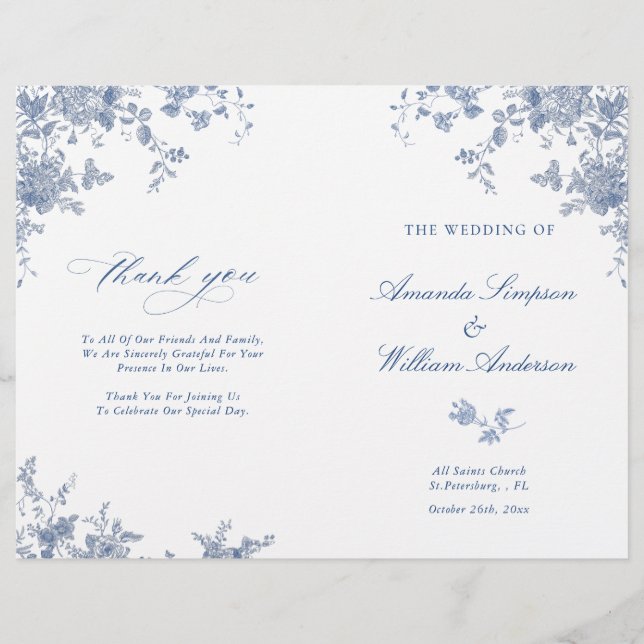 Victorian Blue Blommigt Bröllop Ceremony-programme (Framsida)