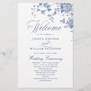 Victorian Blue Blommigt Bröllop Ceremony-programme