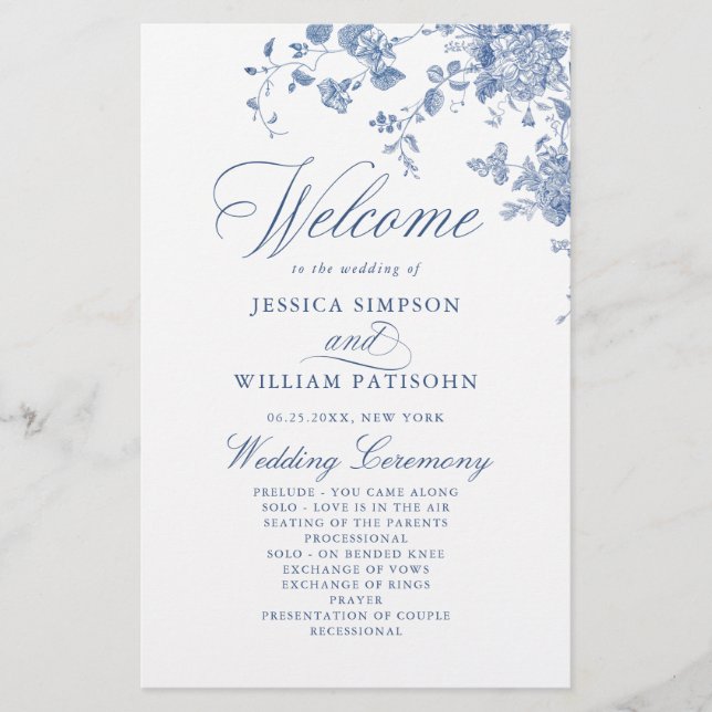 Victorian Blue Blommigt Bröllop Ceremony-programme (Framsida)