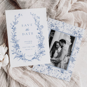 Victorian Blue Blommigt Dusty Blue Bröllop Spara Datumet