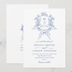 Victorian Blue Bröllop Ornate Blommigt Vapensköld Inbjudningar