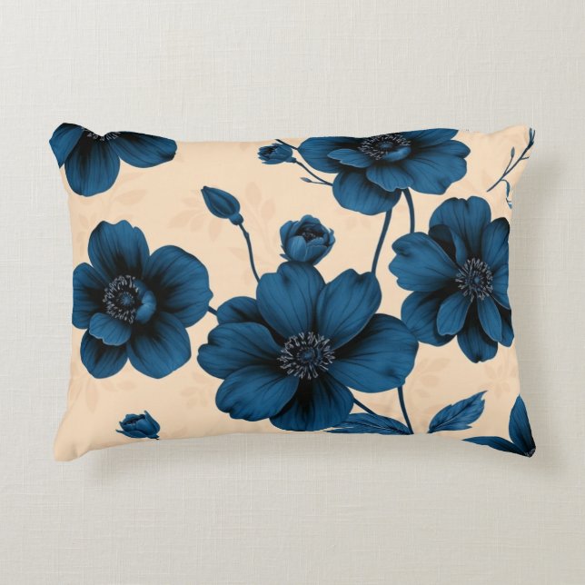 Victorian Blue Flowers on Beige Background Pillow Prydnadskudde (Framsidan)