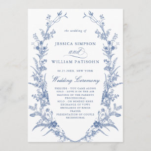 Victorian Blue Fransk Blommigt Bröllop Ceremony Program
