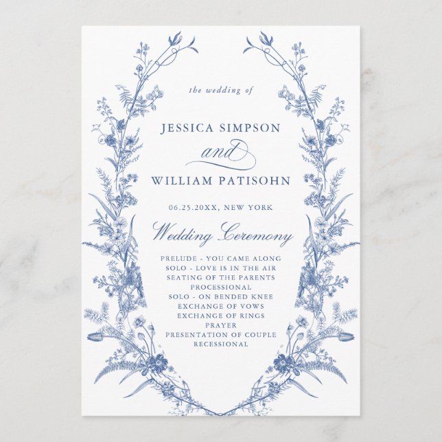 Victorian Blue Fransk Blommigt Bröllop Ceremony Program (Framsida)