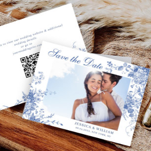 Victorian Blue Fransk Blommigt Bröllop Photo QR-ko Spara Datumet
