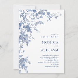 Victorian Blue Fransk Blommigt Photo QR-kod Bröllo Inbjudningar
