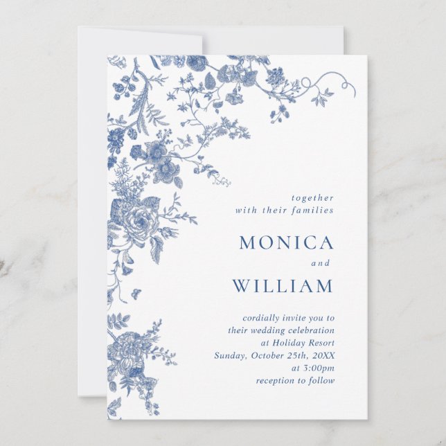 Victorian Blue Fransk Blommigt Photo QR-kod Bröllo Inbjudningar (Framsida)