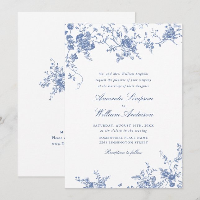 Victorian Blue Fransk Garden Blommigt Bröllop Inbjudningar (Fram/baksida)