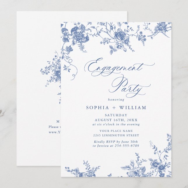 Victorian Blue Fransk Garden FÖRLOVNINGSFEST Inbjudningar (Fram/baksida)