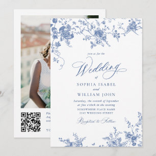 Victorian Blue Fransk Garden QR-kod Foto Bröllop Inbjudningar