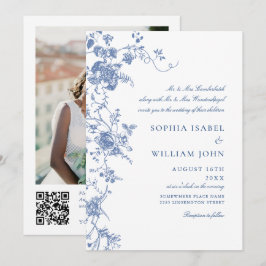 Victorian Blue Fransk Garden QR-kod Foto Bröllop Inbjudningar