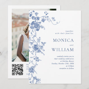Victorian Blue Fransk Garden QR-kod Foto Bröllop Inbjudningar