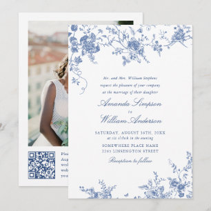 Victorian Blue Fransk Garden QR-kod Foto Bröllop Inbjudningar