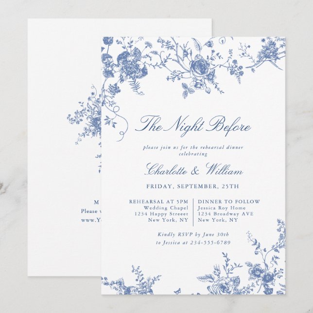 Victorian Blue Fransk Garden Rehearsal Dinner Inbjudningar (Fram/baksida)
