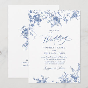 Victorian Blue Fransk Garden Toile Blommigt Bröllo Inbjudningar
