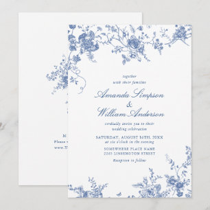 Victorian Blue Fransk Garden Toile Bröllop Inbjudningar