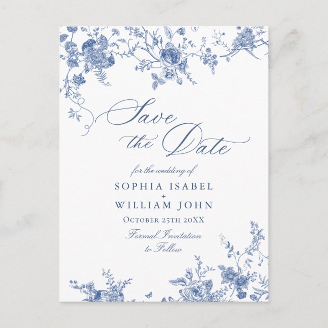 Victorian Blue Fransk Garden Wedding Spara datum Vykort (Framsida)