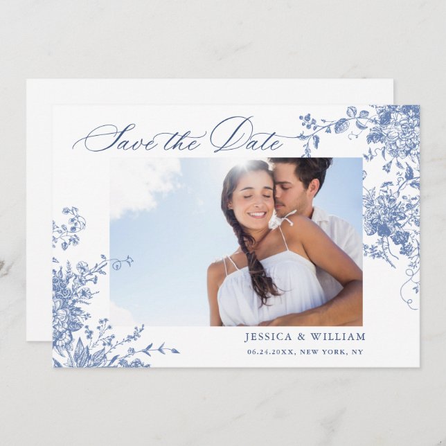 Victorian Blue Fransk Ro Garden QR-kod Bröllop Spara Datumet (Fram/baksida)