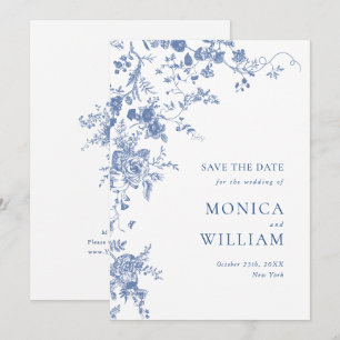 Victorian Blue Fransk Toile Garden Blommigt Bröllo Spara Datumet