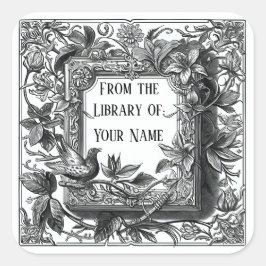 Victorian Bookplate med Bird Fyrkantigt Klistermärke
