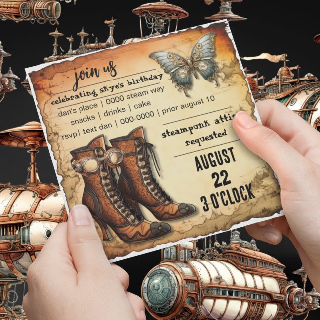 Victorian Boots | Steampunk Butterfly | Födelsedag Inbjudningar (Steampunk journey boots and steampunk butterfly on customizable party invitation for him or her. )