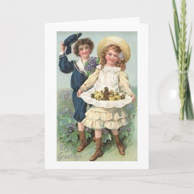 Victorian Boy and Girl Påsk Card Helgkort (Framsida)