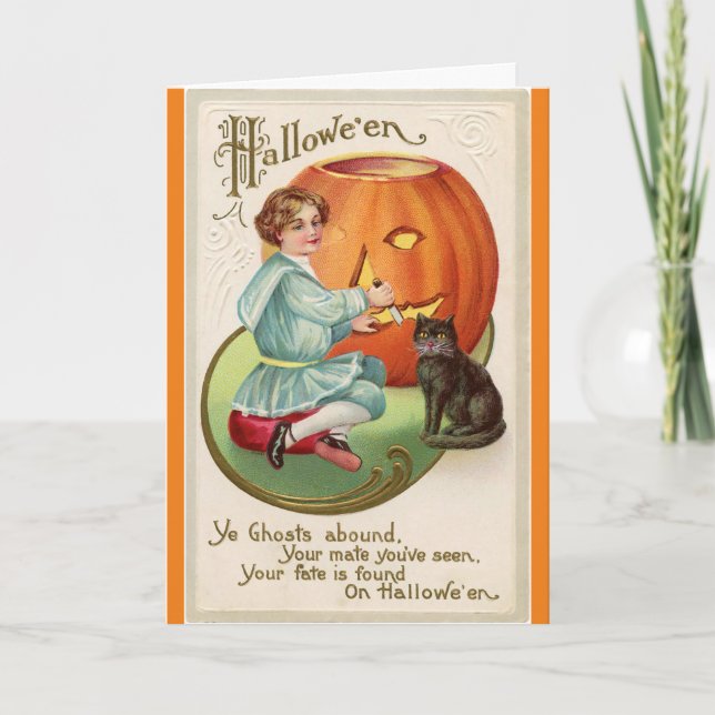 Victorian Boy Carving Pumpkin Halloween Kort (Framsida)