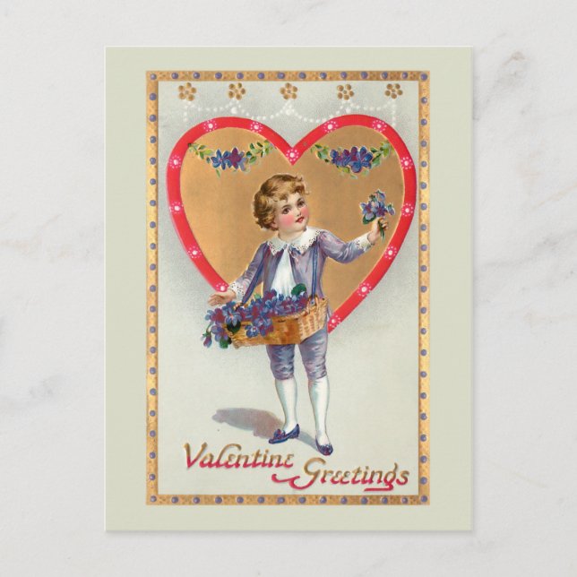 Victorian Boy med Valentine Heart och Lilacs Helg Vykort (Framsida)