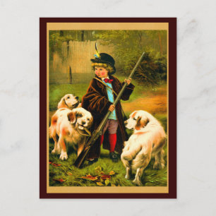 Victorian Boy och St Bernard Hundar Vykort