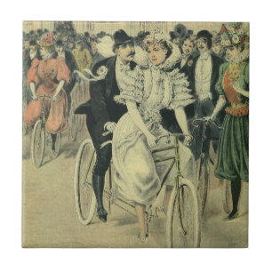 Victorian Bröllop Bride och Groom Newlyed Bicycle Kakelplatta