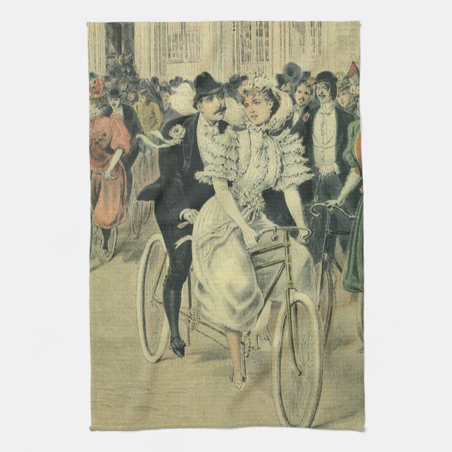 Victorian Bröllop Bride och Groom Newlyed Bicycle Kökshandduk (Vertikal)