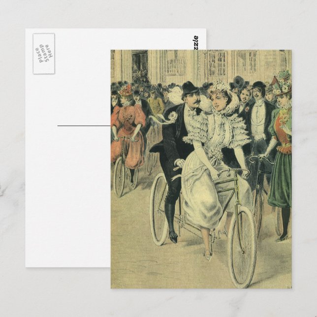 Victorian Bröllop Bride och Groom Newlyed Bicycle Vykort (Fram/baksida)