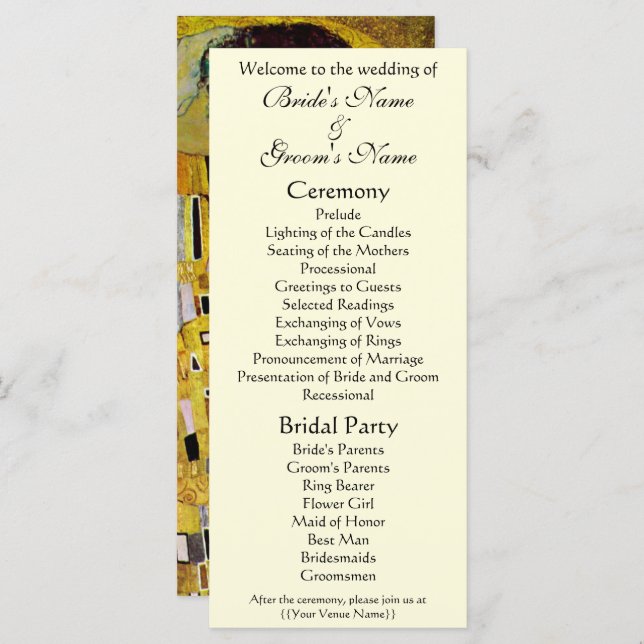 Victorian Bröllopsprogram, The Kiss, Gustav Klimt Program (Fram/baksida)