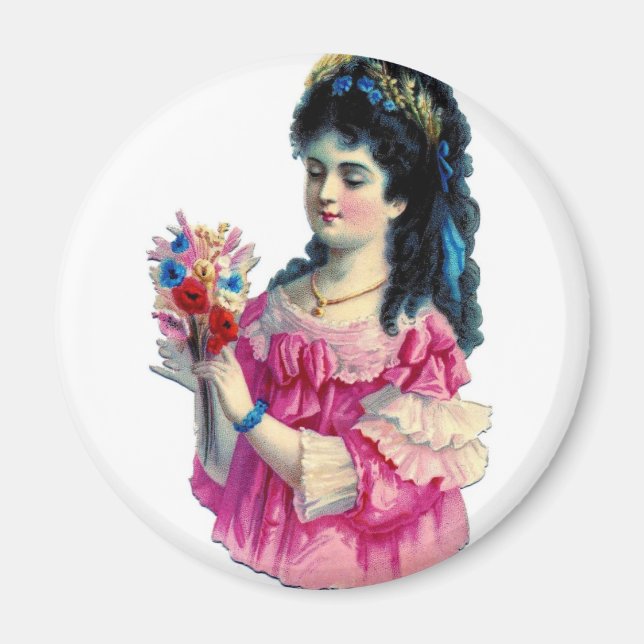 Victorian Brunette i Rosa Gown med Bouquet Magnet (Framsidan)