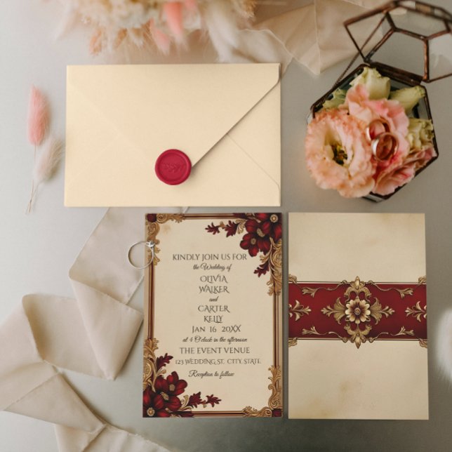 Victorian Burgundy Deep Red Blommigt Inbjudningar (front/back)