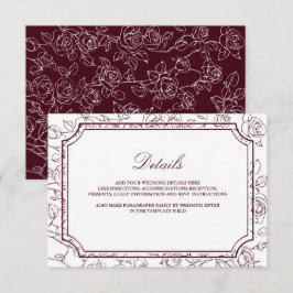 Victorian Burgundy Floral Line Art Wedding Details Tilläggskort