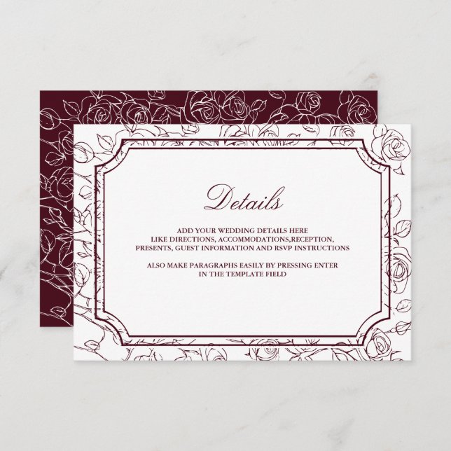 Victorian Burgundy Floral Line Art Wedding Details Tilläggskort (Fram/baksida)
