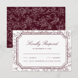 Victorian Burgundy Floral Line Art Wedding OSA Kort