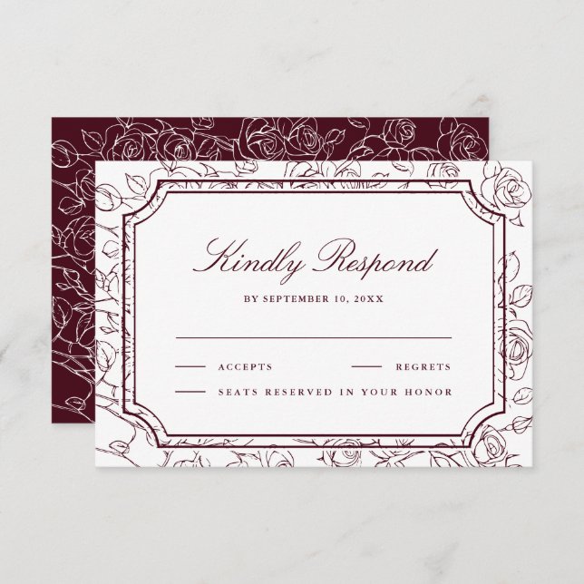 Victorian Burgundy Floral Line Art Wedding OSA Kort (Fram/baksida)