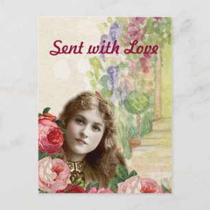 Victorian Cabbage Ro Woman Blommigt Postcard Vykort
