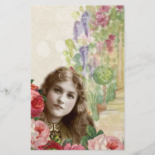 Victorian Cabbage Ro Woman Blommigt Stationery Brevpapper