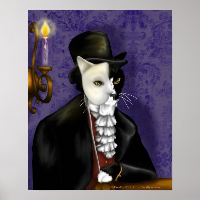 Victorian Cat Wearing Tuxedo och Mask Porträtt Poster (Framsidan)