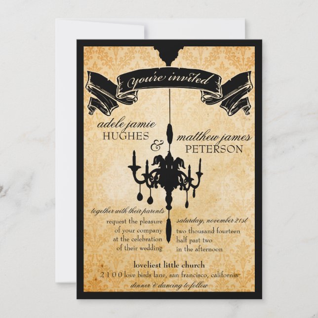 Victorian Chandelier ・ svart & kräm Bröllop Inbjudningar (Framsida)