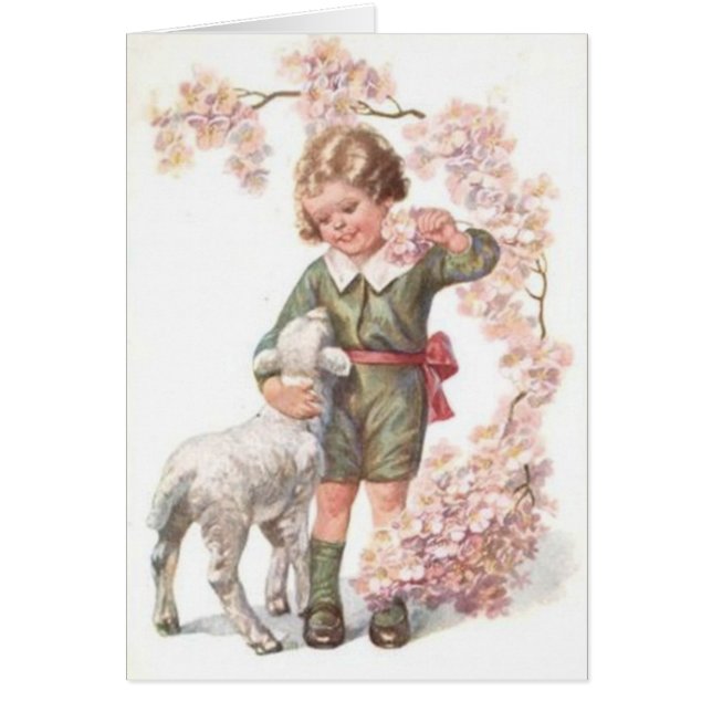 Victorian Child Lamb Cherry Träd Hälsningskort (Framsidan)