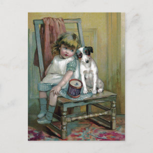 Victorian Child och Hund Mourn Broken Drum Vykort