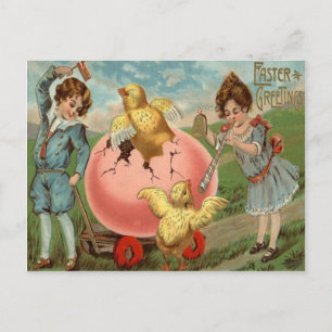 Victorian Children Påsk Chick Färgad Egg Helg Vykort