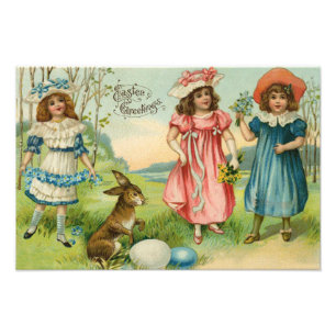 Victorian Children Påskhare Färgad Egg Fototryck