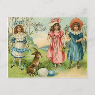 Victorian Children Påskhare Färgad Egg Helg Vykort