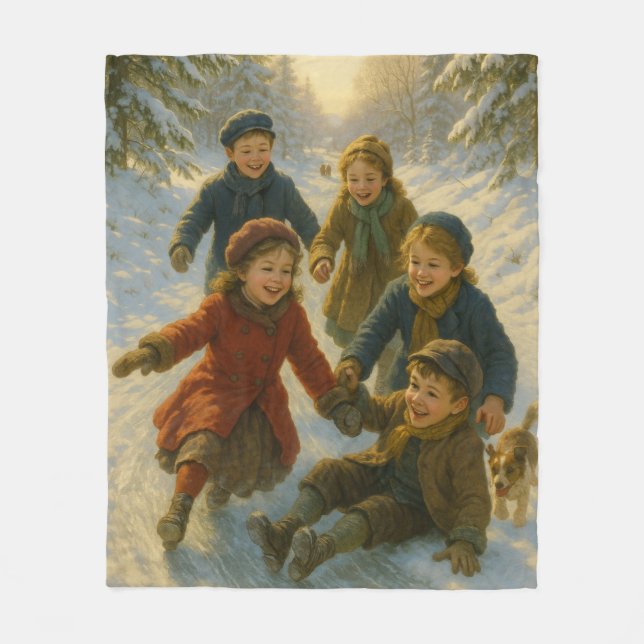 Victorian Christmas Blanket – Kids Playing in Snow Fleecefilt (Framsidan)